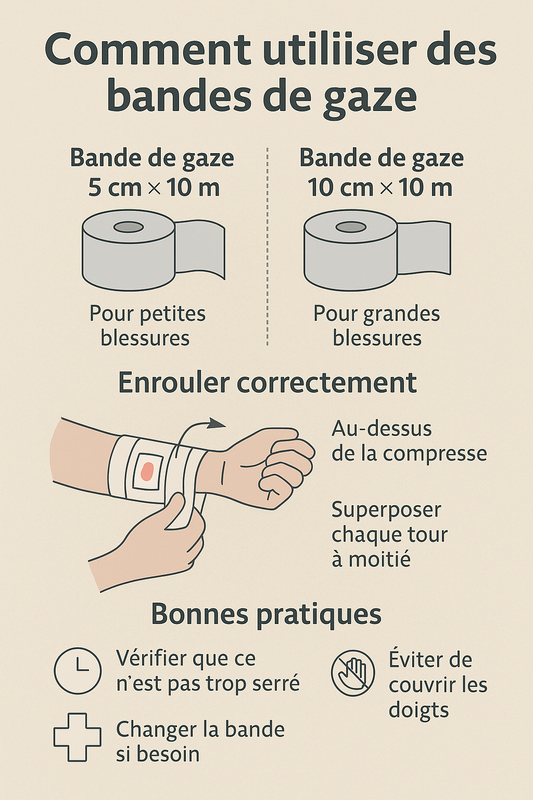 Comment utiliser des bandes de gaze de 5 cm et 10 cm (par 10 mètres) en premiers secours