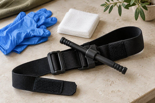 Garrot d’entraînement non appliqué, présenté avec du matériel de secours.