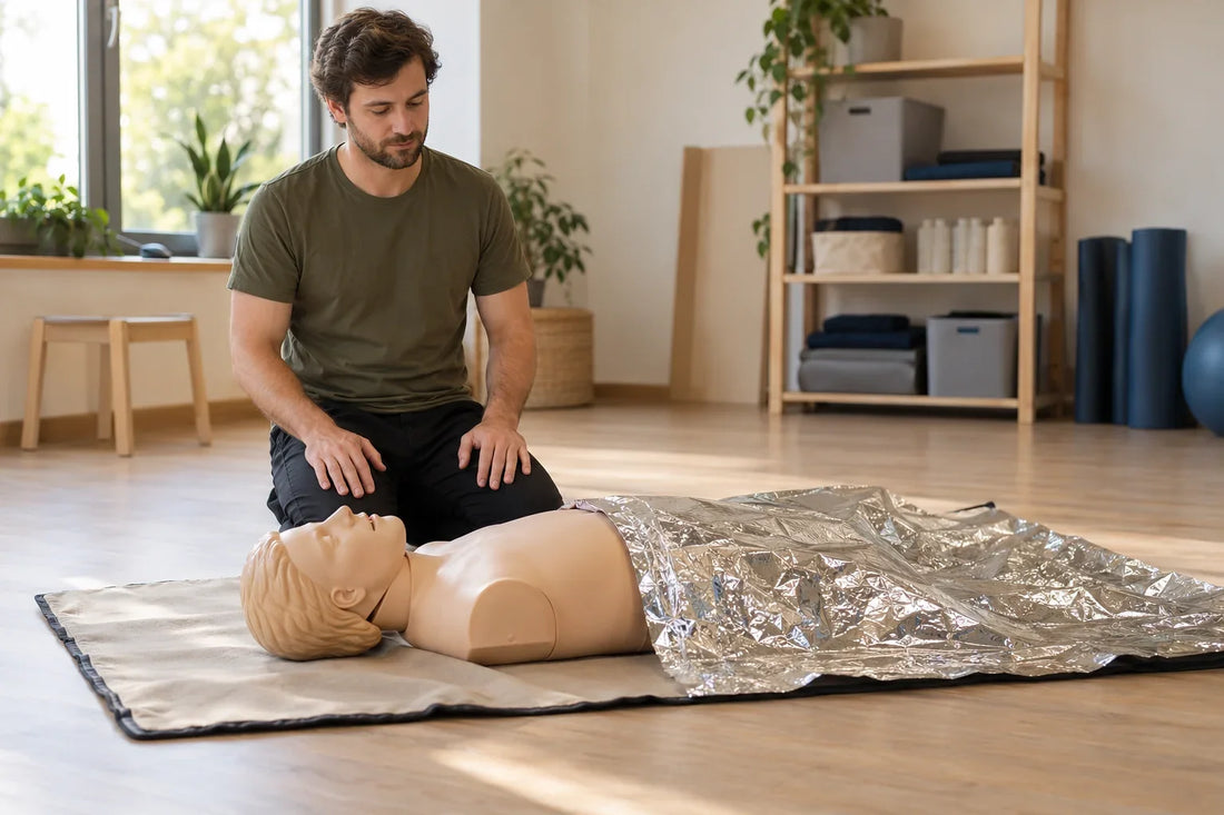 Mannequin de formation et couverture de survie, avec un intervenant à proximité.